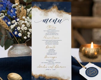 Menu de casamento azul marinho e dourado | Cartão de jantar de luxo com estampa abstrata de ágata em aquarela | #N45
