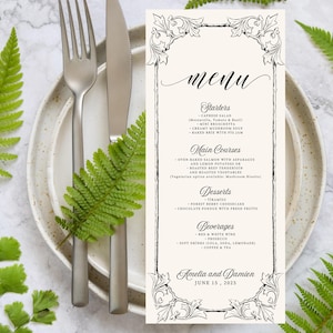 Elegant Vintage Wedding Menu Template | Black and White Printable Menu Card | Editable Canva Template | Instant Download | #J54