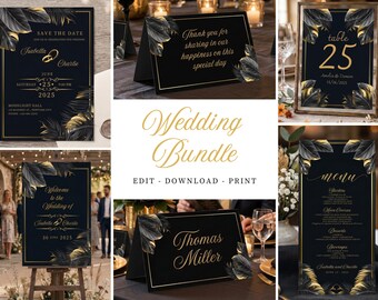 May include: A wedding stationery bundle featuring black cards with gold leaf accents and tropical foliage motifs. The set includes a save the date, thank you card, table number, welcome sign, place card, and menu, all displaying elegant gold typography.