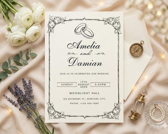 Könnte beinhalten: Eine elegante Hochzeitseinladung mit den Namen "Amelia und Damian" in einer dekorativen Schriftart, umgeben von floralen Eckdesigns. Die Einladung enthält Datum, Uhrzeit und Ort der Hochzeit. Ein Kompass, Blumen und andere dekorative Elemente sind angeordnet.