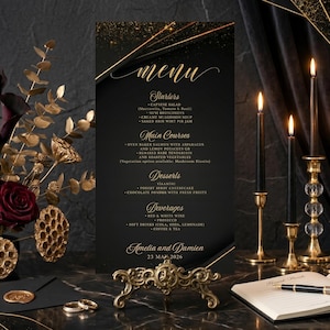 May include: Elegant black wedding menu with gold accents, featuring a menu with starters, main courses, desserts, and beverages. The menu is displayed on a table with candles, flowers, and a guest book. The menu is for Amelia and Damien, March 23, 2026.