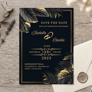 Op de afbeelding: Een Save the Date trouwkaart met een donkerblauwe achtergrond en gouden accenten. Het ontwerp toont goudomrande zwarte bladeren en de namen "Isabella" en "Charlie". De datum is 25 juni 2025 om 21:00 uur.