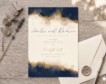 Editable Wedding Invitation, Navy Blue Gold Save The Date, Printable Wedding Invitations, Digital Download, #N45