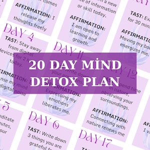 Cartões de afirmação para impressão/Cartões de afirmação digitais/Desintoxicação mental de 20 dias/Plano de redefinição de afirmações/Cartão de afirmação/Limpeza mental para InnerCalm