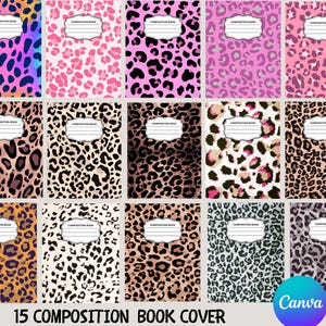 May include: Fifteen composition book covers with leopard print designs in various colors, including pink, black, brown, and purple. Each cover has a white label with the words "Composition Book".