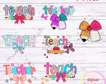Paquete de collages para profesores en formato PNG, diseño de camiseta retro para profesores, PNG de profesores con patchwork colorido, gráfico de sublimación escolar de moda