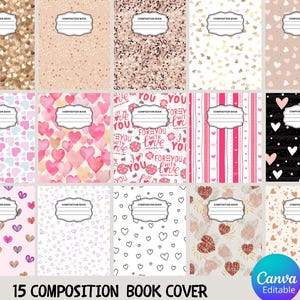 Może przedstawiać: Kolekcja 15 okładek zeszytów kompozycyjnych o różnych wzorach. Okładki przedstawiają wzory takie jak serca, brokat, paski i motywy kwiatowe w kolorach takich jak różowy, złoty i czarny. Każda okładka zawiera etykietę z napisem "COMPOSITION BOOK".