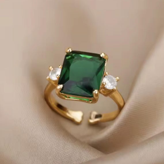 Emerald Green Rectangular Stone Adjustable Ring, … - image 2