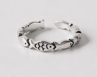 S925 Silver Fish Ring, Small Fish Adjustable Ring, Swimming Fish Band Ring for Her, Gift for Her, Christmas Gift