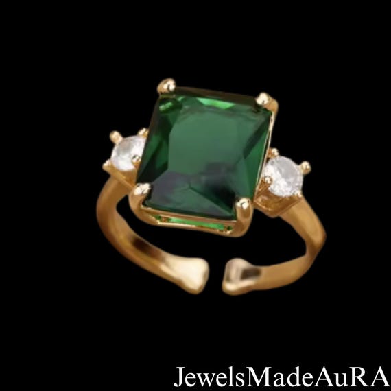 Emerald Green Rectangular Stone Adjustable Ring, … - image 1