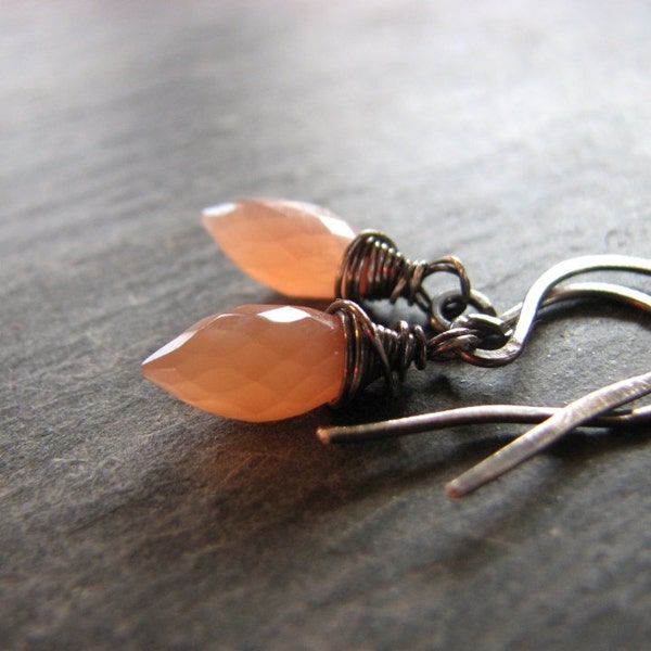 Peach Moonstone Earrings Chatoyant Cats Eye Stone Wire Wrapped Jewelry Oxidized Sterling Silver For Her