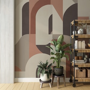 Retro Geometric Pattern Wallpaper  –  Modern Arch Pattern Wall Mural -  Minimalist Beige & Brown Wall Decal -  Peel and Stick Wall Decor