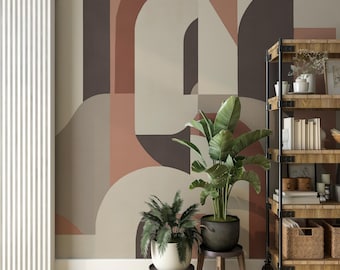 Retro Geometric Pattern Wallpaper  –  Modern Arch Pattern Wall Mural -  Minimalist Beige & Brown Wall Decal -  Peel and Stick Wall Decor