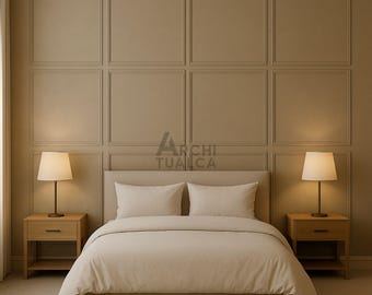 May include: A beige bed with matching bedding and two pillows is centered in the image. Two wooden nightstands with lamps flank the bed. The wall behind the bed has a decorative panel design. The logo "ARCHI TUACA" is visible.