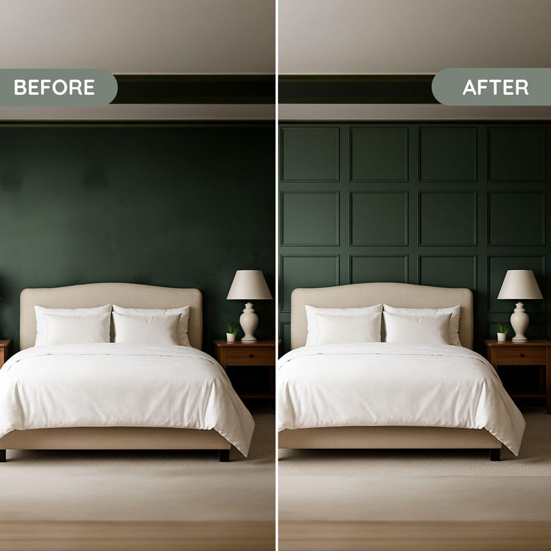 May include: A bedroom with a bed, nightstands, and lamps. The wall behind the bed is painted dark green in the "Before" image and paneled in the "After" image. The bed has white bedding and a beige headboard.