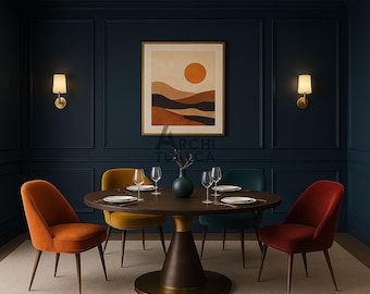 May include: A dining room with a dark blue wall and a round wooden table. Four velvet chairs in orange, yellow, and teal surround the table. A framed landscape art piece hangs above the table, and two sconces are on the wall.