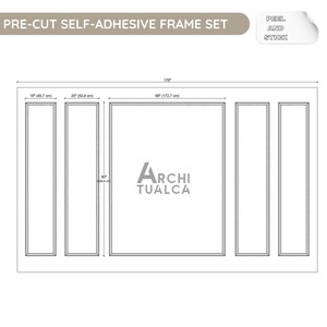 May include: Pre-cut self-adhesive frame set with dimensions in inches and cm. The set includes a large central frame, two vertical frames, and two smaller vertical frames. The text "PEEL AND STICK" is also visible.