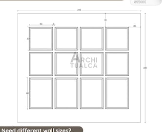 May include: A pre-cut self-adhesive frame set with 12 rectangular frames. The dimensions are provided in millimeters. The text "PEEL AND STICK" is in the upper right corner. The text "Need different wall sizes? Feel free to reach out to us!" is at the bottom.
