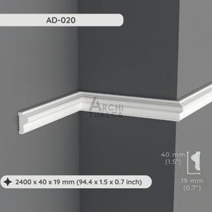 May include: White crown molding installed on a gray wall. The molding is 94.4 inches long, 1.5 inches wide, and 0.7 inches thick. The product code is AD-020. The molding is 40 mm (1.5 inches) wide and 19 mm (0.7 inches) thick.