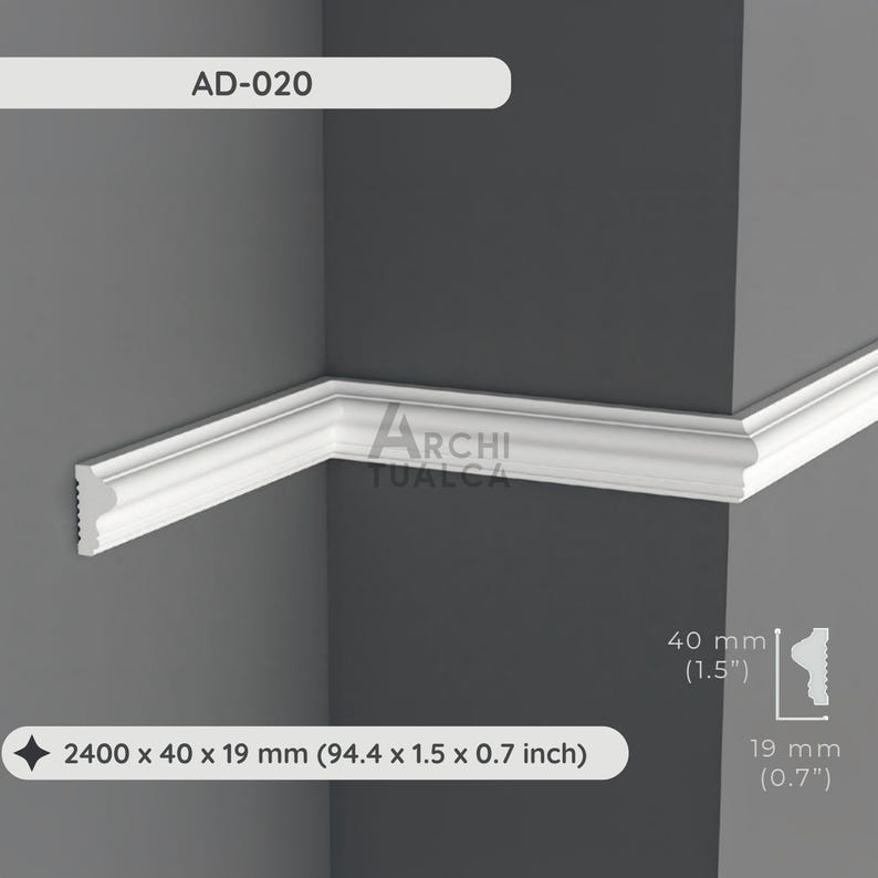 May include: White crown molding installed on a gray wall. The molding is 94.4 inches long, 1.5 inches wide, and 0.7 inches thick. The product code is AD-020. The molding is 40 mm (1.5 inches) wide and 19 mm (0.7 inches) thick.