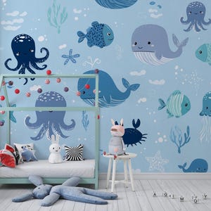 Under the Sea Kids Wallpaper - Ocean Theme Nursery Wall Mural - Cute Whale, Octopus, Fish Wall Mural -Peel and Stick Baby Wall Decor