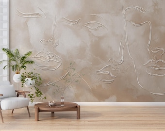 Mural minimalista de líneas con forma de rostro para interiores modernos