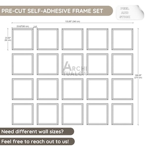 May include: A diagram of a pre-cut self-adhesive frame set. The set includes 20 square frames, each 23.62 inches (60 cm) in size. The total width is 133.85 inches (340 cm), and the height is 106.29 inches (270 cm). The text reads "Peel and Stick".