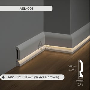 LED Duct Baseboard Molding – Paintable Modern Skirting Trim – RAL Color Option Available (LED Not Included)