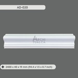 May include: White crown molding with the text "ARCHI TUALCA" and "AD-020". The molding measures 94.4 inches long, 1.5 inches wide, and 0.7 inches thick. The molding has a decorative, curved design.