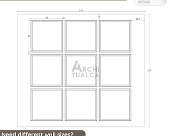 May include: A diagram of a pre-cut, self-adhesive frame set. The set includes nine square frames, each approximately 3.15 inches wide, arranged in a grid. The overall dimensions are 12.4 inches by 11 inches. Text includes "PEEL AND STICK" and "Need different wall sizes? Feel free to reach out to us!"