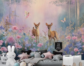 Enchanted Fairytale Forest Mural : Magical Woodland Wall Mural with Deer & Flowers for Kids Room, Nursery or Playroom