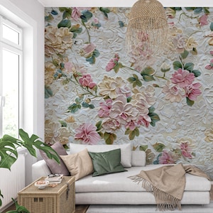 3D Floral Wallpaper – Vintage Embossed Rose & Peony Design Wall Mural -  Botanical Textured Wall Decal - Peel and Stick Wallpaper