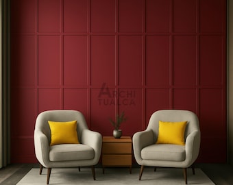 May include: Two beige armchairs with yellow pillows sit on a gray rug in front of a deep red paneled wall. A small wooden side table with a plant is between the chairs. The room has a modern, minimalist design.