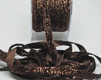 Velvet Metallic Trim -- 3/8 inch -- Chocolate -- Brown Glitter Nylon Ribbon
