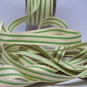 Cotton Stripe Ribbon 5/8 inch -- Natural Grass Green -- Off White Green Cream