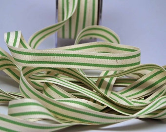 Cotton Stripe Ribbon 5/8 inch -- Natural Grass Green -- Off White Green Cream