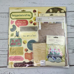 Op de afbeelding: Een set knutselbenodigdheden met verschillende stickers, versieringen en enveloppen met een bosdieren thema. De set bevat een envelop met houtnerf, een set kleurrijke knopen en een rol touw. De verpakking heeft de tekst "Furry Friends" en "s-e-i Crafts".