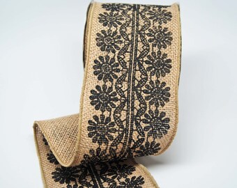 Burlap Lace Print Ribbon 4 inch -- Brown Black -- Lace Print in Black -- 1 yard