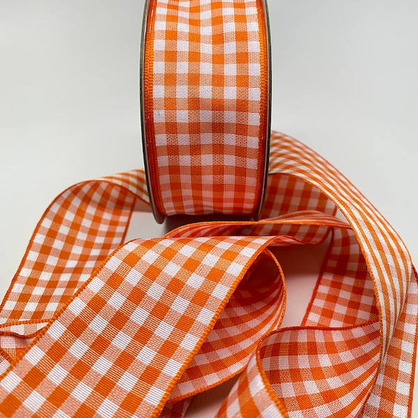 Gingham Ribbon -- 1.5 inches -- Orange with White
