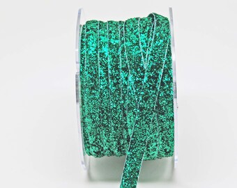 Velvet Metallic Trim -- 3/8 inch -- Emerald Green -- Green Glitter Nylon Ribbon