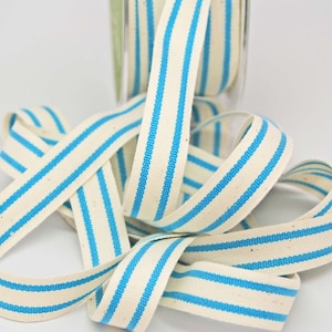 Cotton Stripe Ribbon 5/8 inch -- Natural Turquoise -- Off White Teal Cream