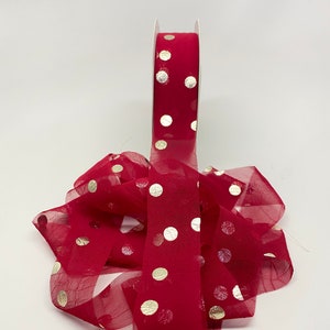 Sheer Gold Polka Dot Metallic Print Ribbon -- 1 inch -- Ruby Red Gold -- 3 yards