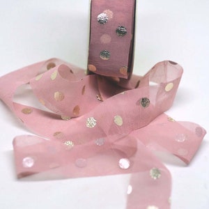 Sheer Gold Polka Dot Metallic Print Ribbon -- 1 inch -- Dusty Pink Gold -- 3 yards