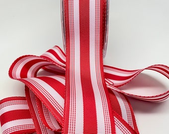 Grosgrain Ticking Stripe Ribbon -- 1 & 1 / 2 inches -- Red/White -- 3 yards