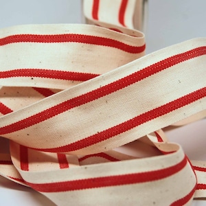 Cotton Stripe Ribbon 1.5 inch -- Natural Holiday Red -- Off White Red Cream