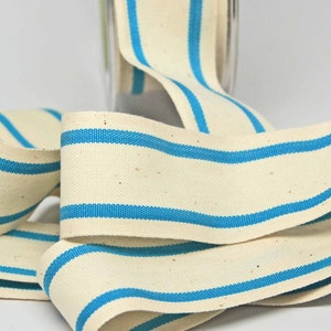 Cotton Stripe Ribbon 1.5 inch -- Natural Turquoise -- Off White Blue Cream