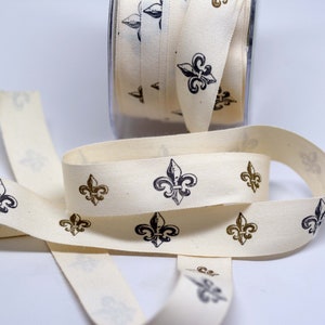 Fleur De Lis Print Cotton Canvas Ribbon -- 3/4 pouce -- Français Royal Black Gold