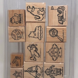 DESTASH -- Stampin Up -- Toy Box -- voilier robot ovni voiture de course dinosaure