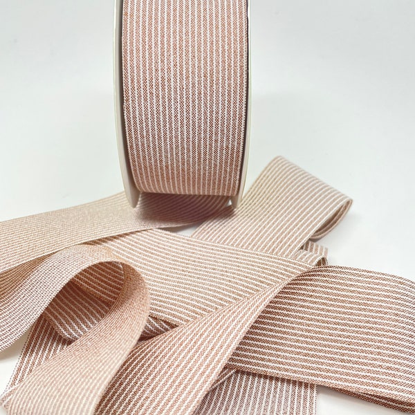 Oxford Striped Washed Linen Ribbon -- 1.5 inches --  Fawn Brown and White - 2 yards