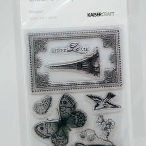 KaiserCraft Bonjour Collection Timbres Transparents -- Acrylique -- Tour Eiffel Oiseaux Butterfly Frame Aimer La Vie